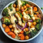 Roasted Veggie Chickpea Bowls with Maple Dijon Tahini Dressing
