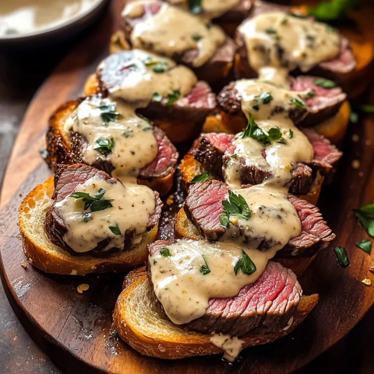 Beef Tenderloin Crostini with Parmesan Cream Sauce
