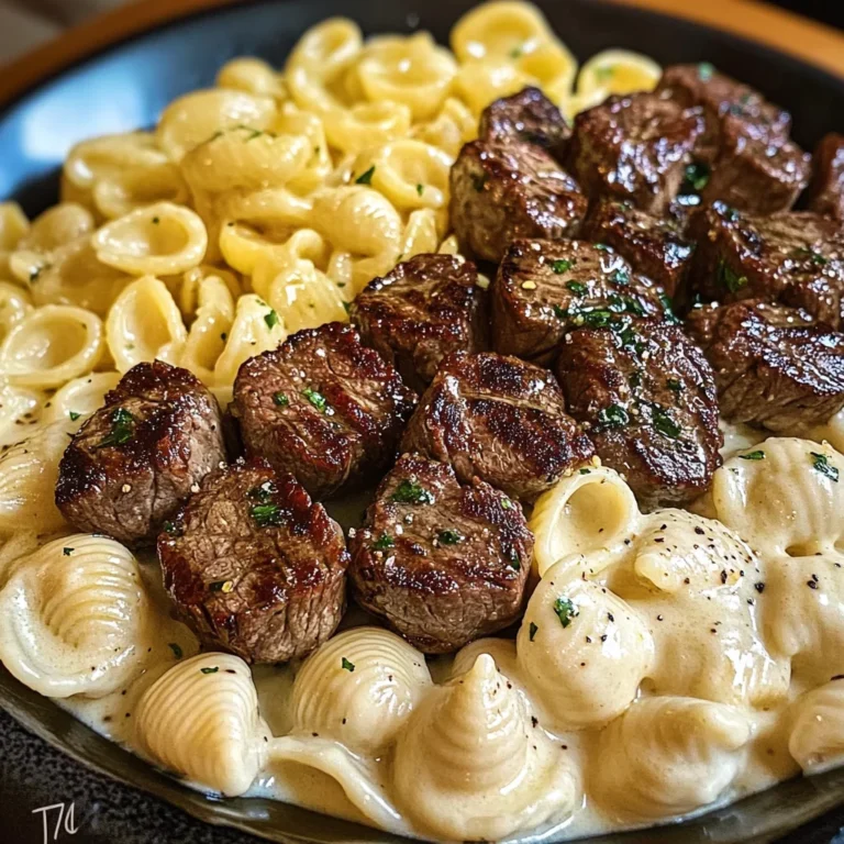 Steak Bites and Shell Pasta in Garlic Butter Alfredo Sauce